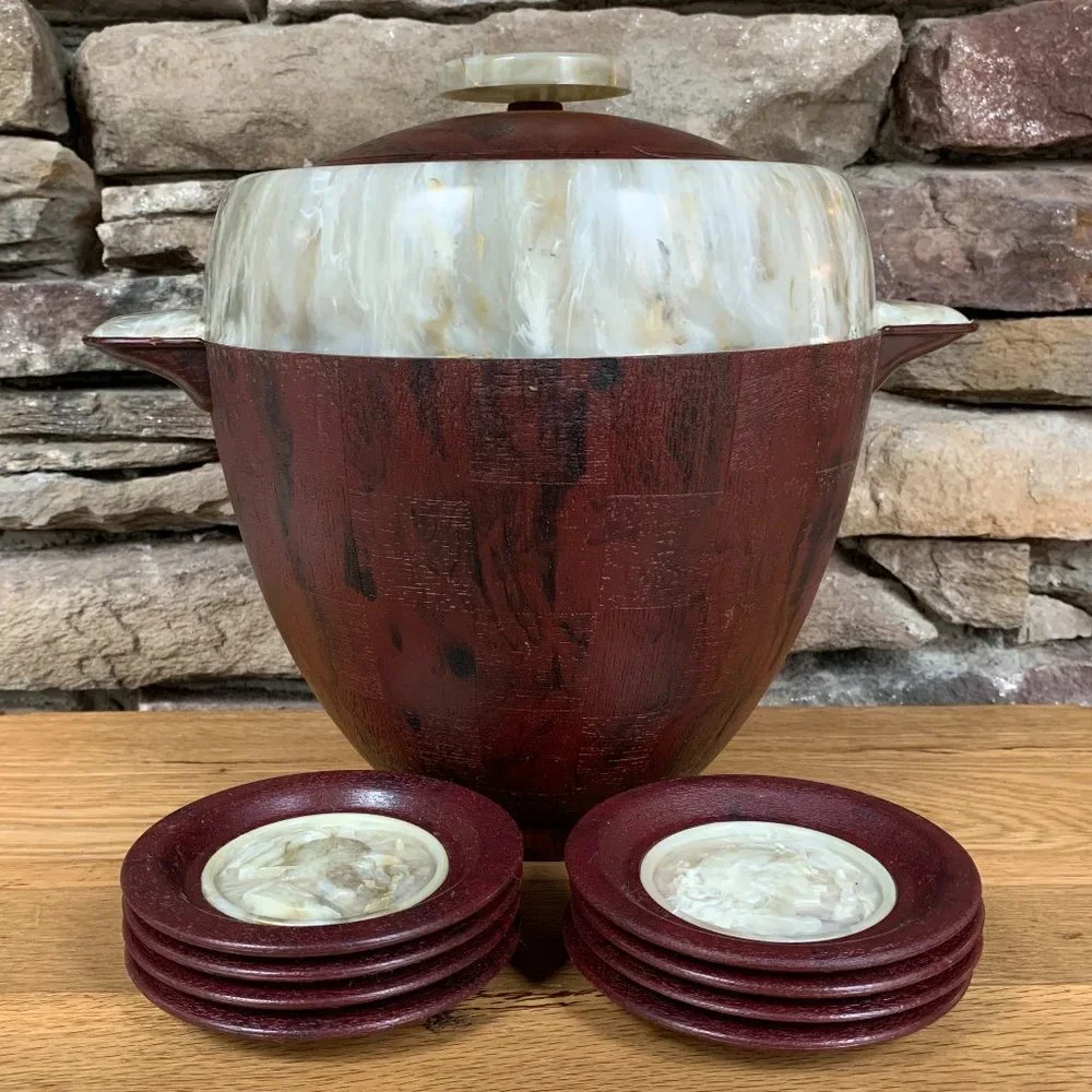 VTG Ice Bucket Mid Century Coasters Faux Wood & Marble MCM 50s Barware Bar Cart